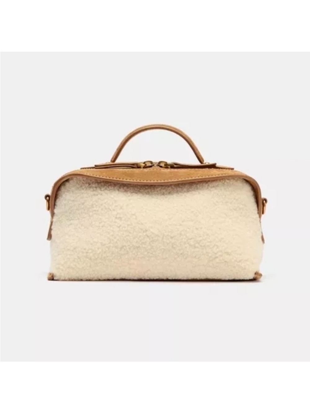 Zara Cream Sherpa Top-Handle Satchel with Tan Trim